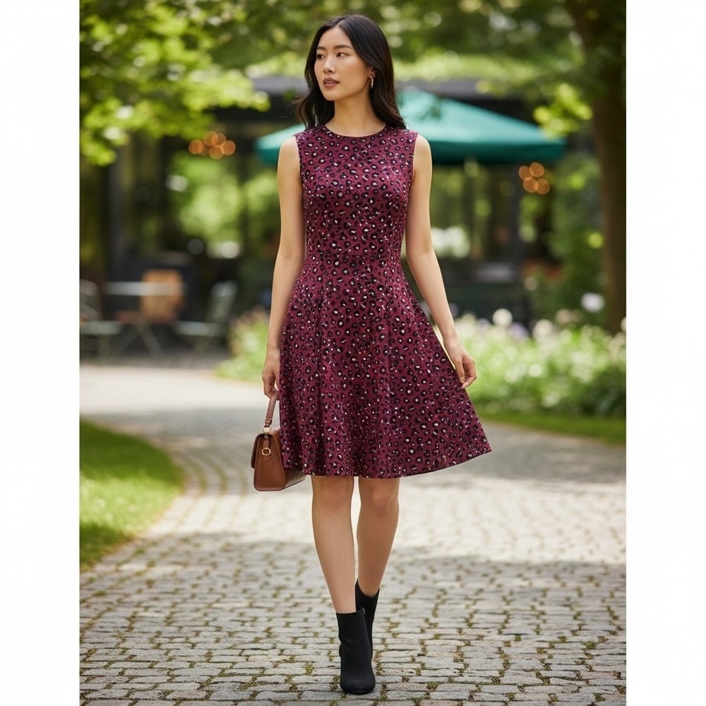 Tommy Hilfiger Women's‎ Sleeveless Cheetah Print Fit Flare Dress Burgundy Size 8